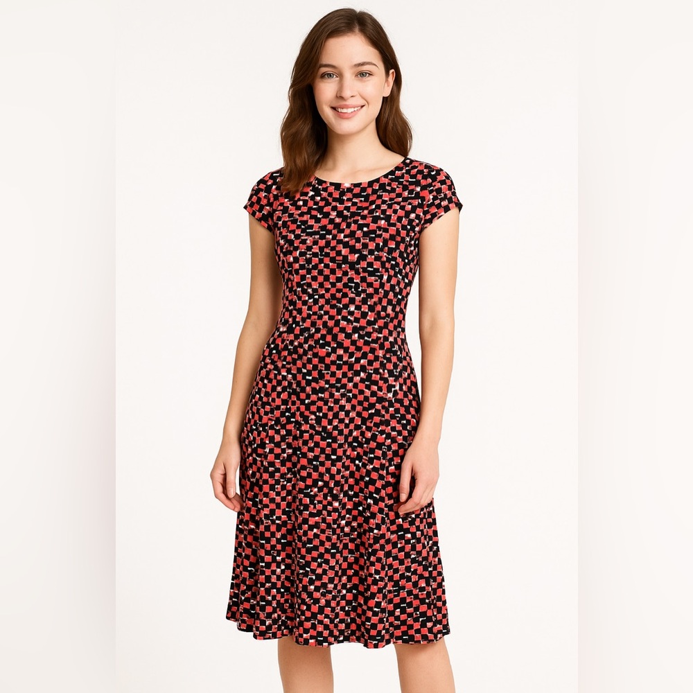 Jessica Howard Women's Size 10 Dress Black Pink Geometric Print Fit & Flare Midi